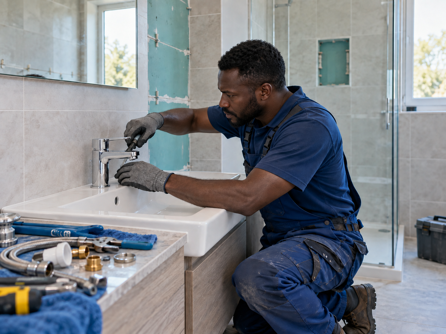 Plumber fitting a basin in a renovated bathroom